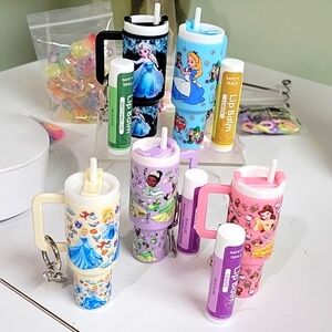 NWT MINI Disney Princess TUMBLERS WITH FLAVORED LIP BALM OR TINTED Keychain Cups